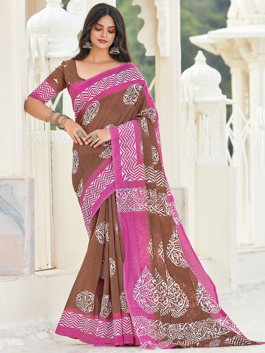 Bole Brown and Rose Pink Cotton Printed Festival Saree