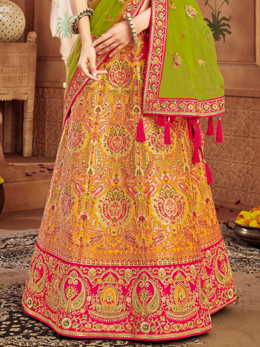 Saffron Yellow Banarasi Silk Party Embroidered Lehenga Choli