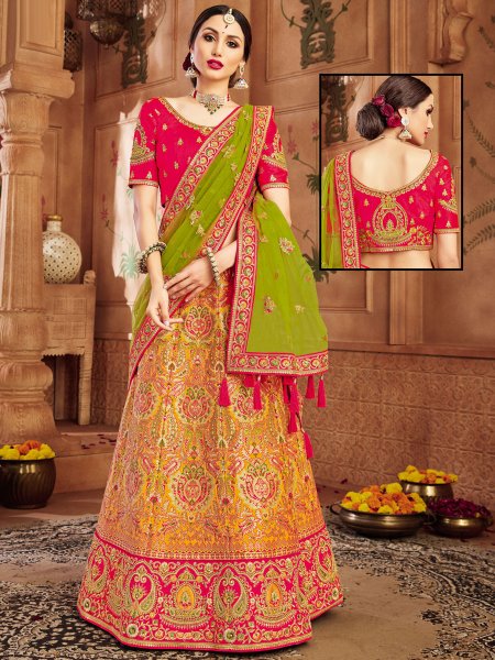 Saffron Yellow Banarasi Silk Party Embroidered Lehenga Choli