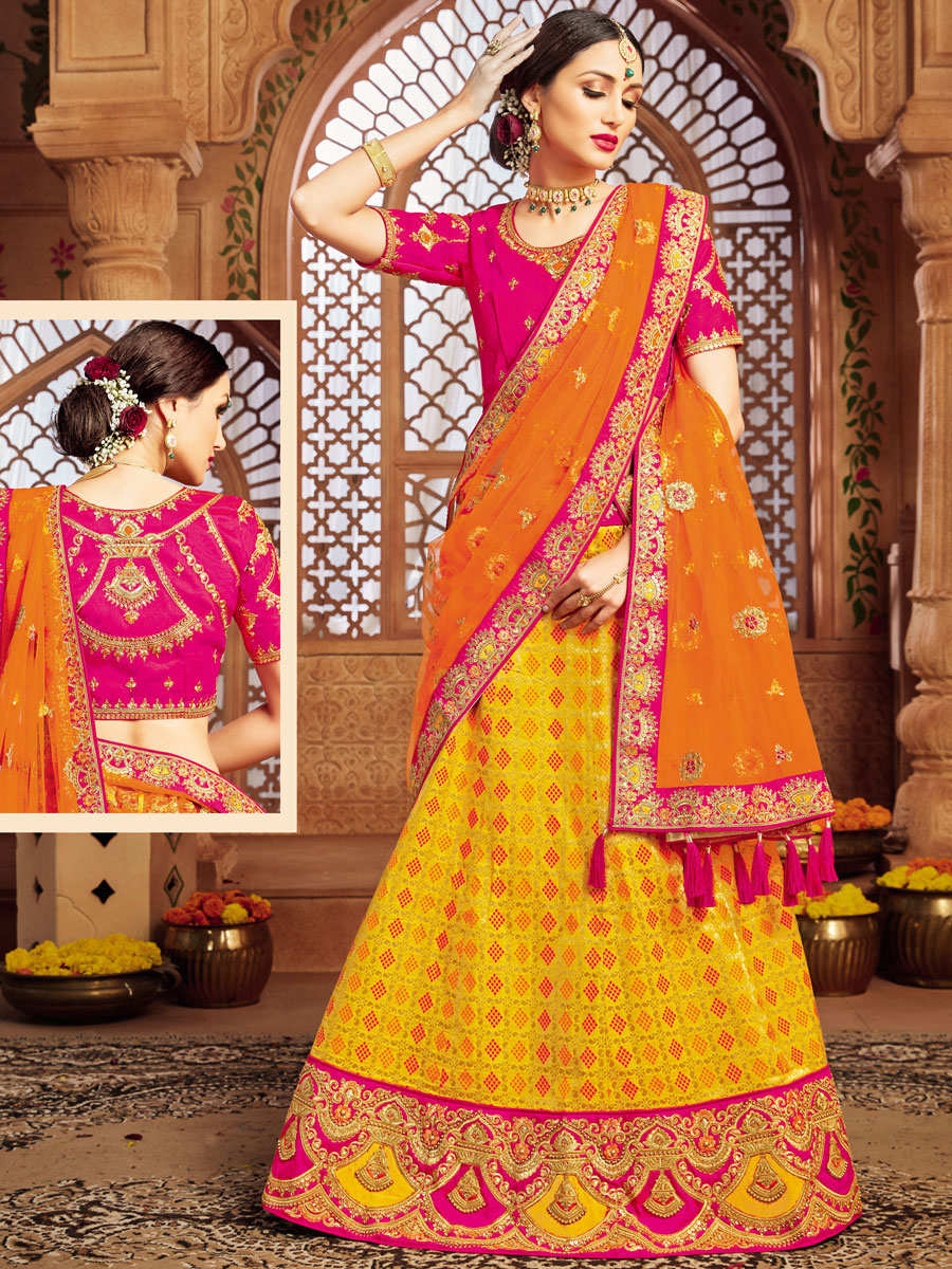 Golden Yellow Patola Silk Party Embroidered Lehenga Choli