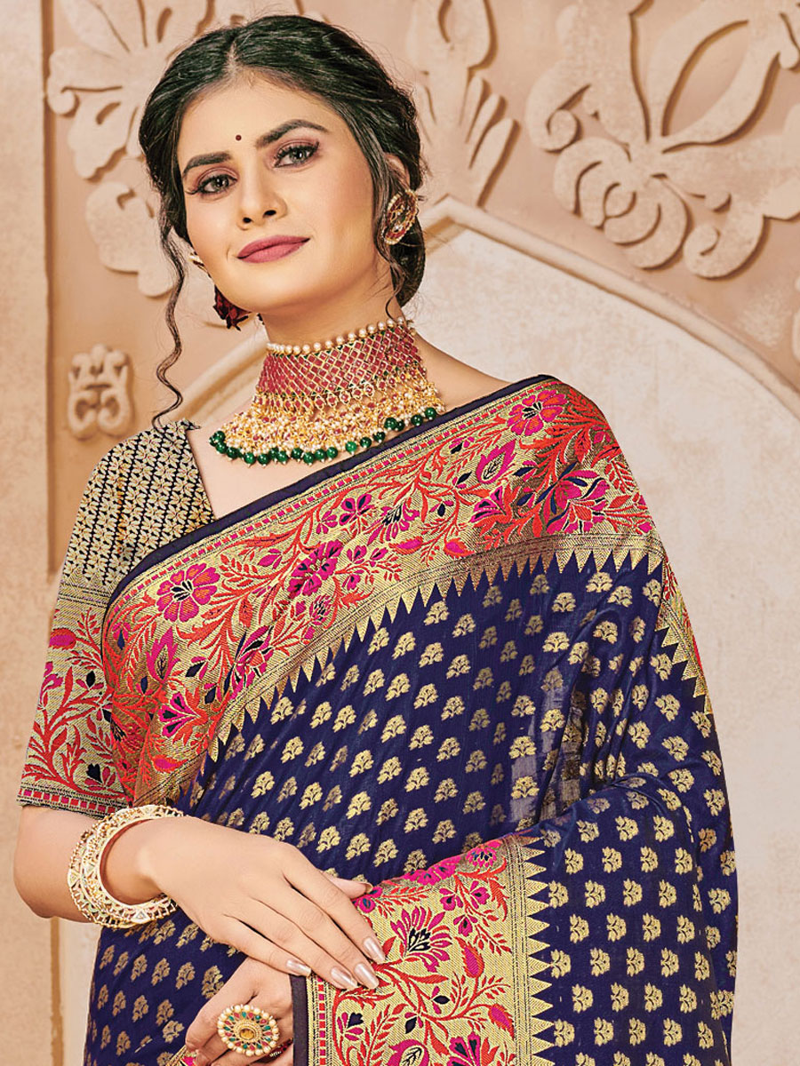 Sapphire Blue Silk Handwoven Festival Saree