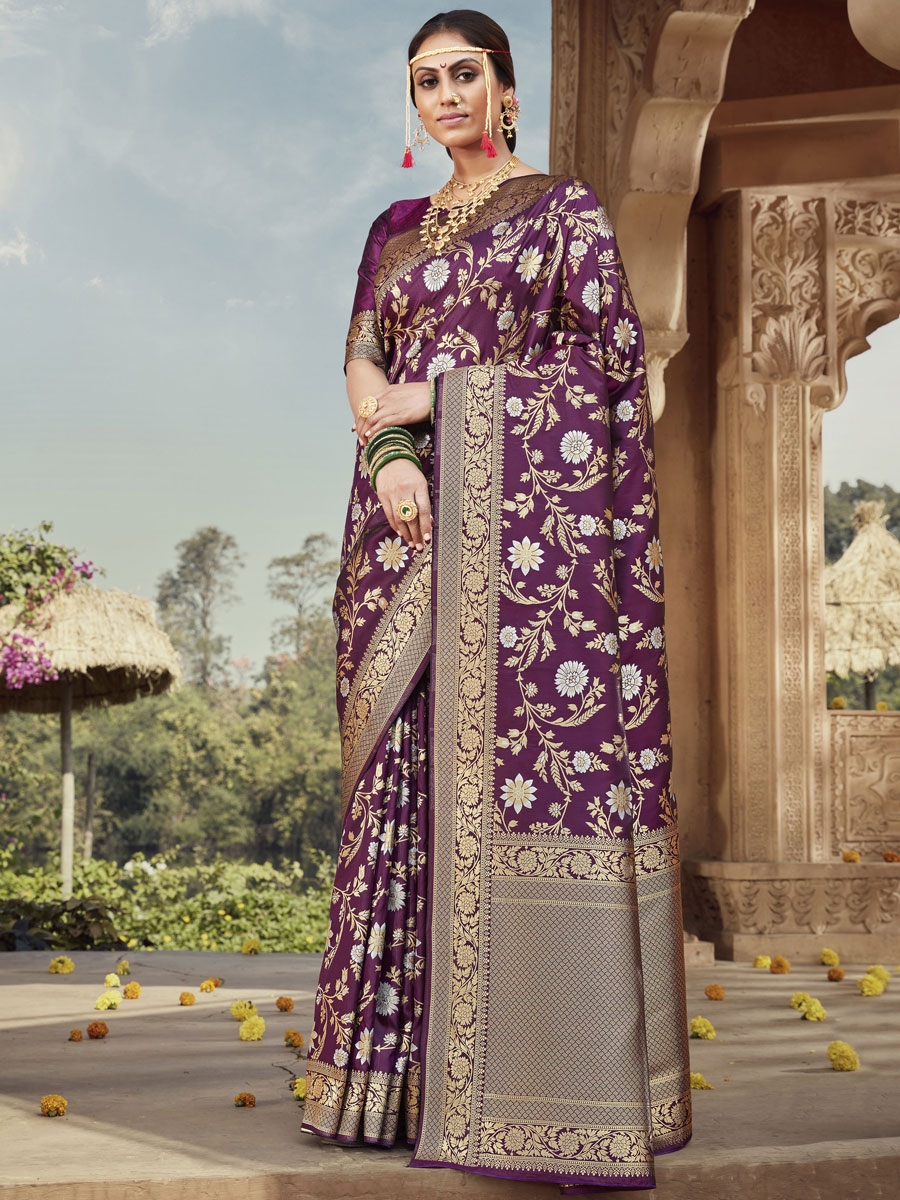 Purple Banarasi Silk Handwoven Festival Saree
