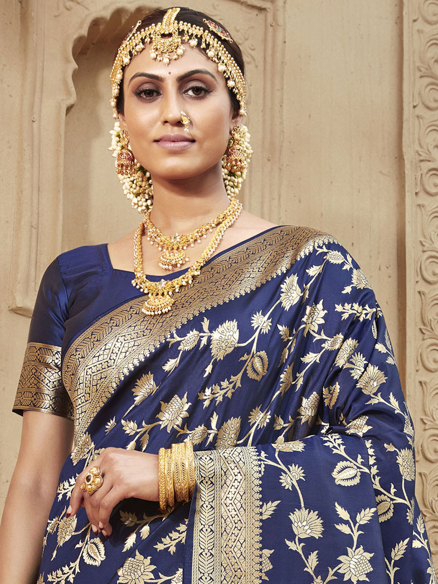 Navy Blue Banarasi Silk Handwoven Festival Saree