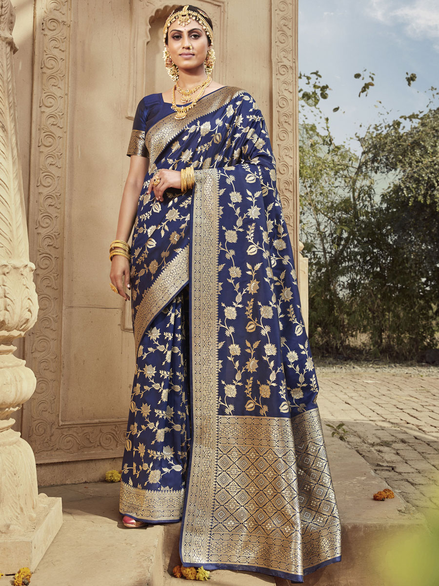 Navy Blue Banarasi Silk Handwoven Festival Saree