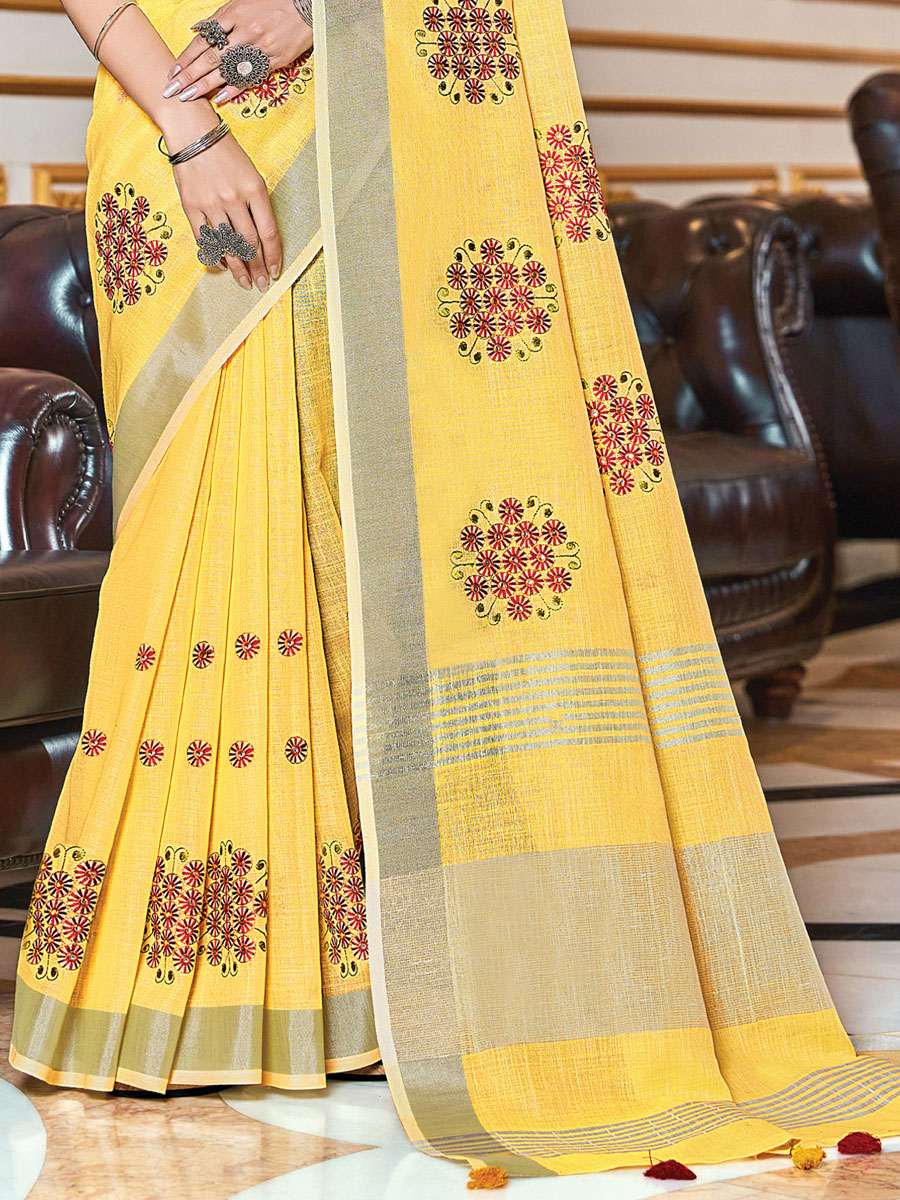 Mustard Yellow Linen Embroidery Party Saree
