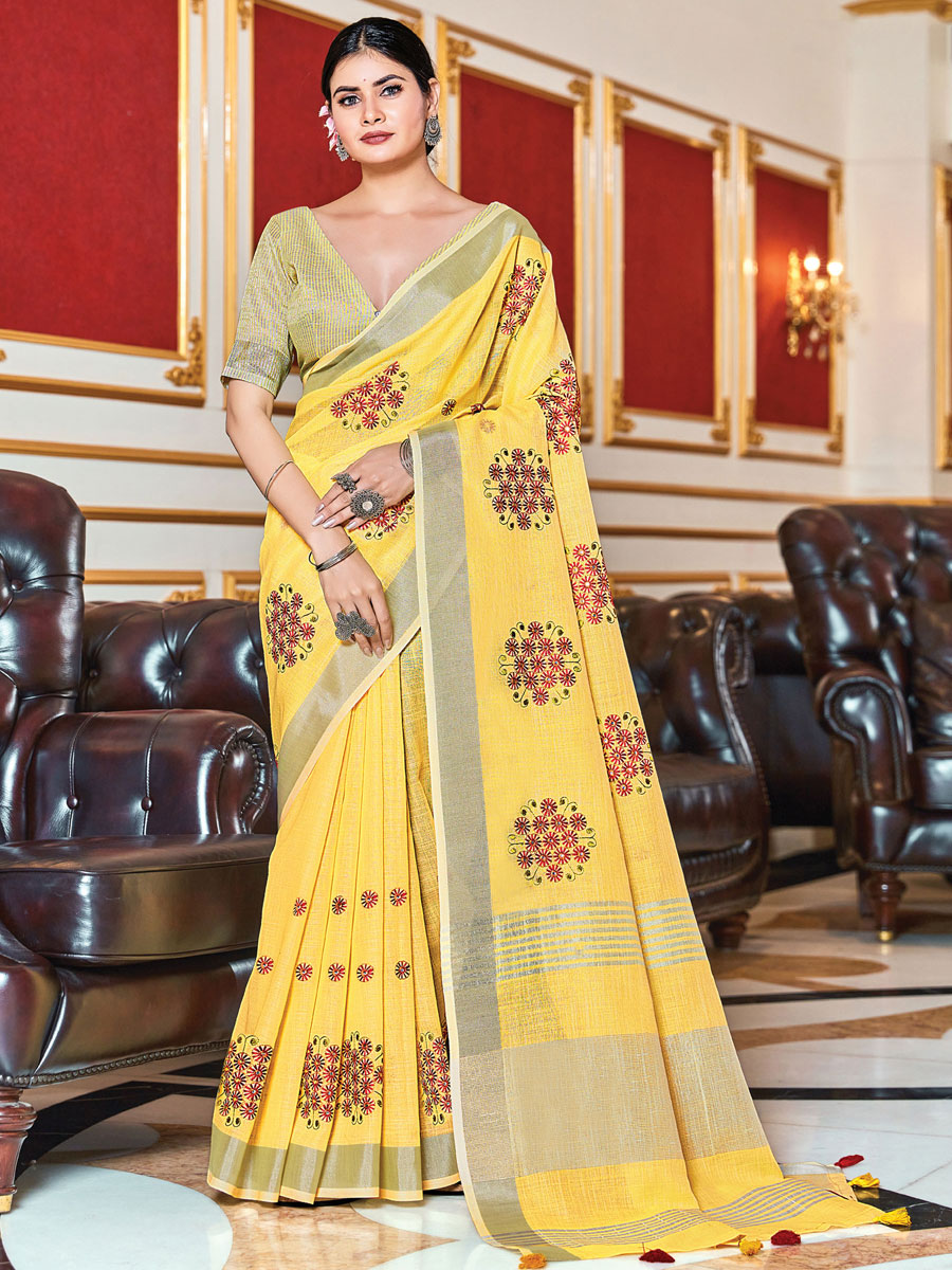 Mustard Yellow Linen Embroidery Party Saree
