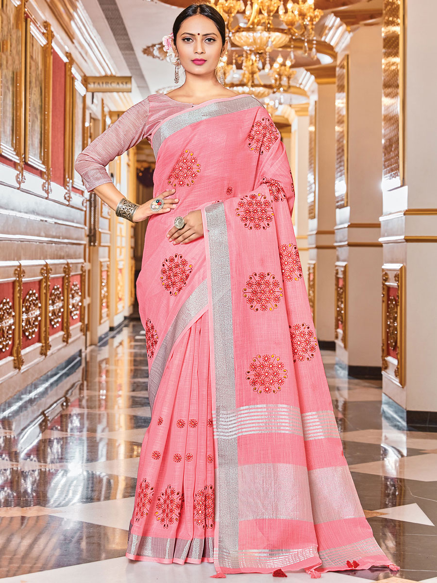 Salmon Pink Linen Embroidery Party Saree