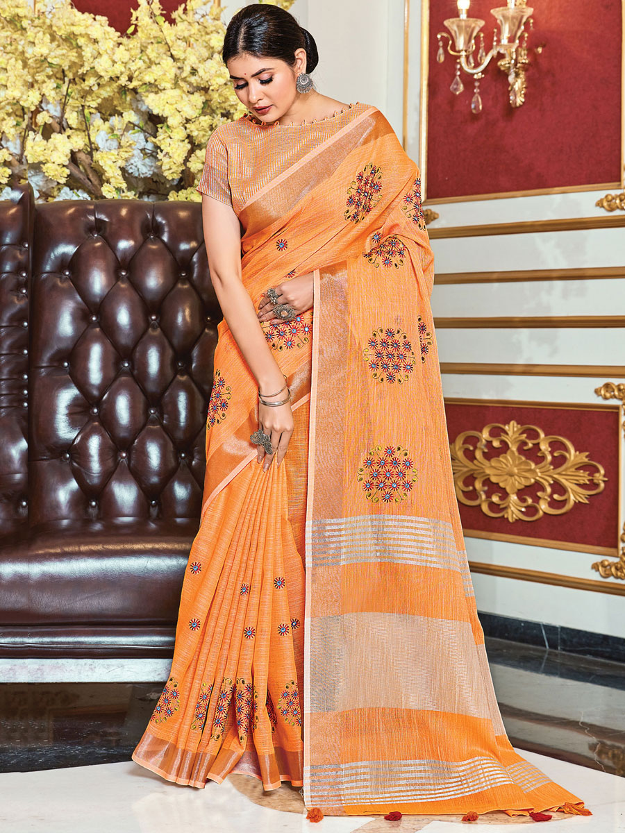 Pumpkin Orange Linen Embroidery Party Saree