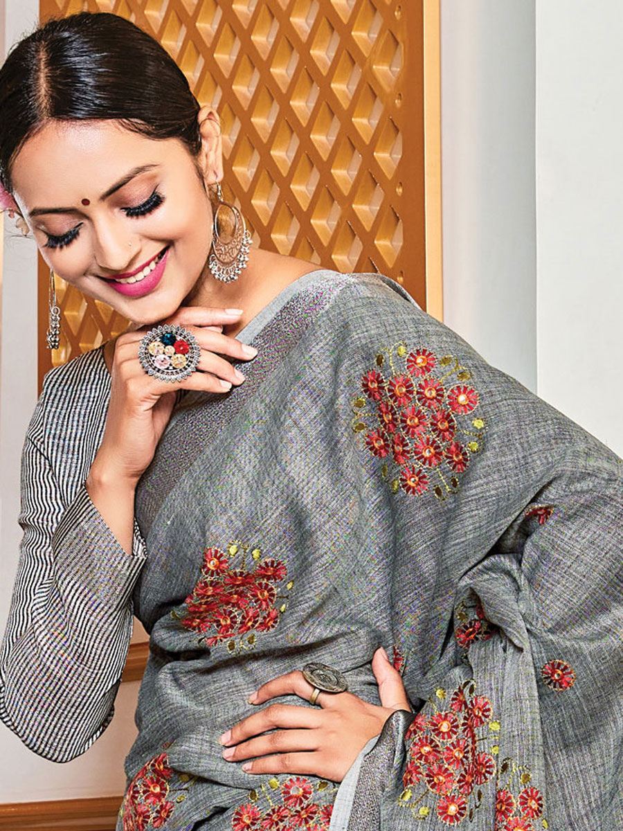 Taupe Grey Linen Embroidery Party Saree