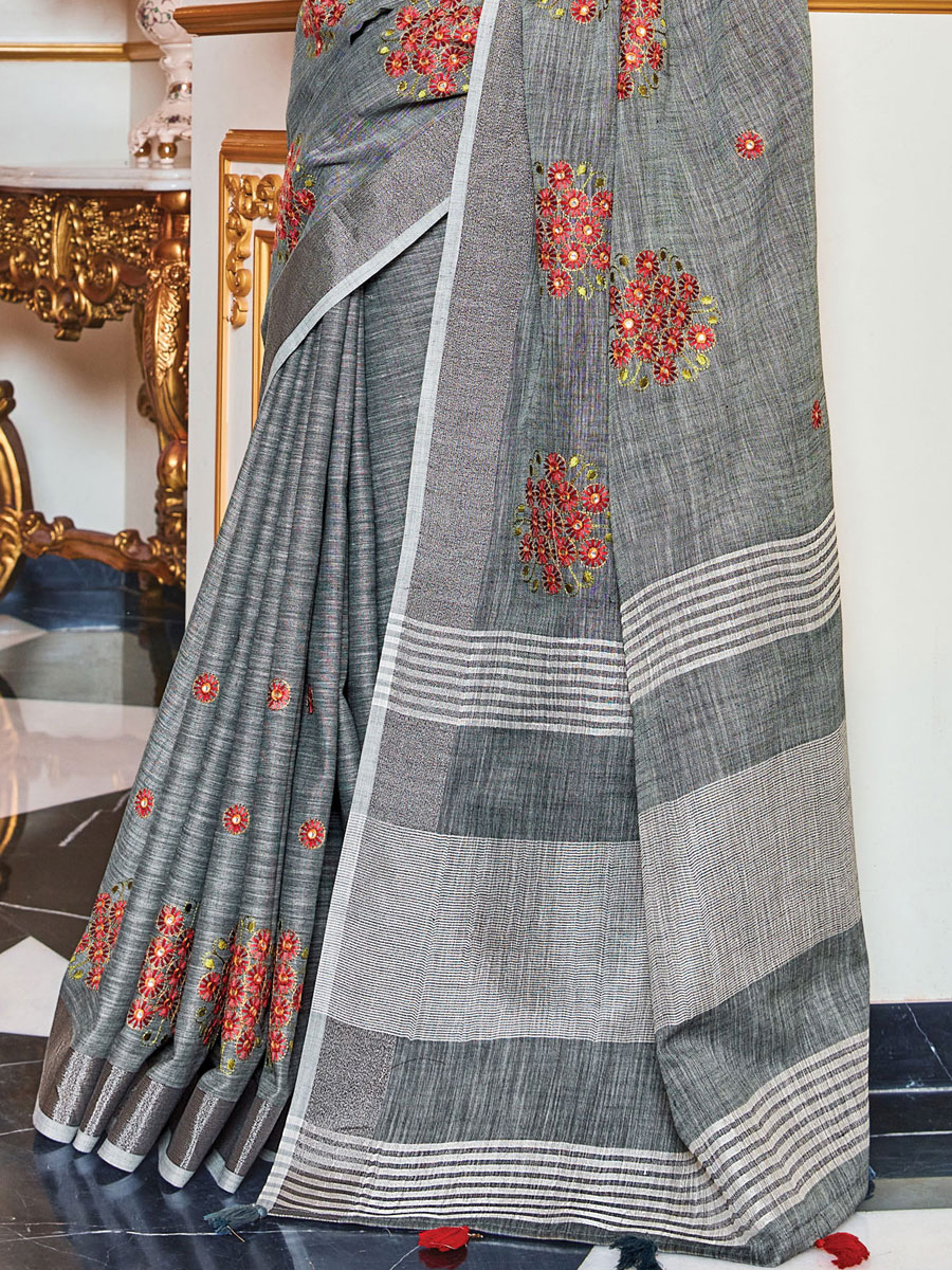 Taupe Grey Linen Embroidery Party Saree