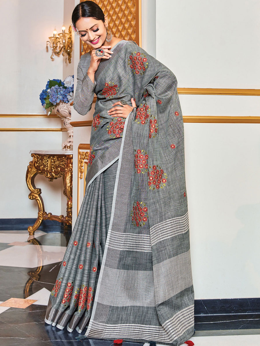 Taupe Grey Linen Embroidery Party Saree