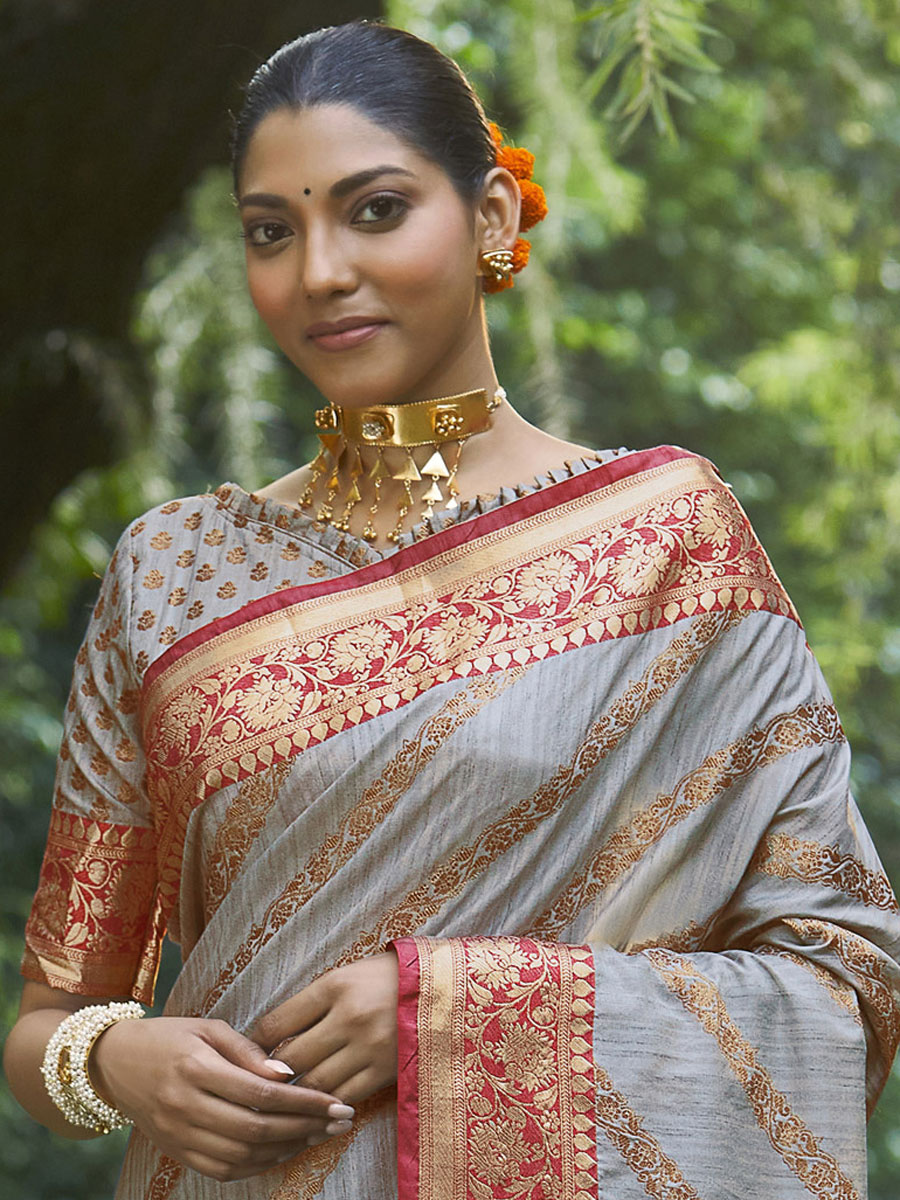 Silver Gray Silk Handwoven Festival Saree