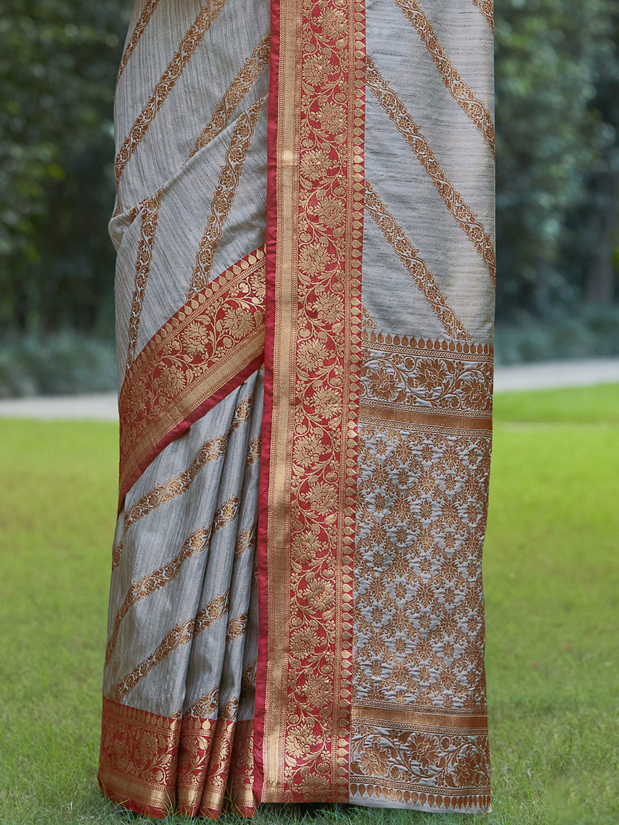Silver Gray Silk Handwoven Festival Saree