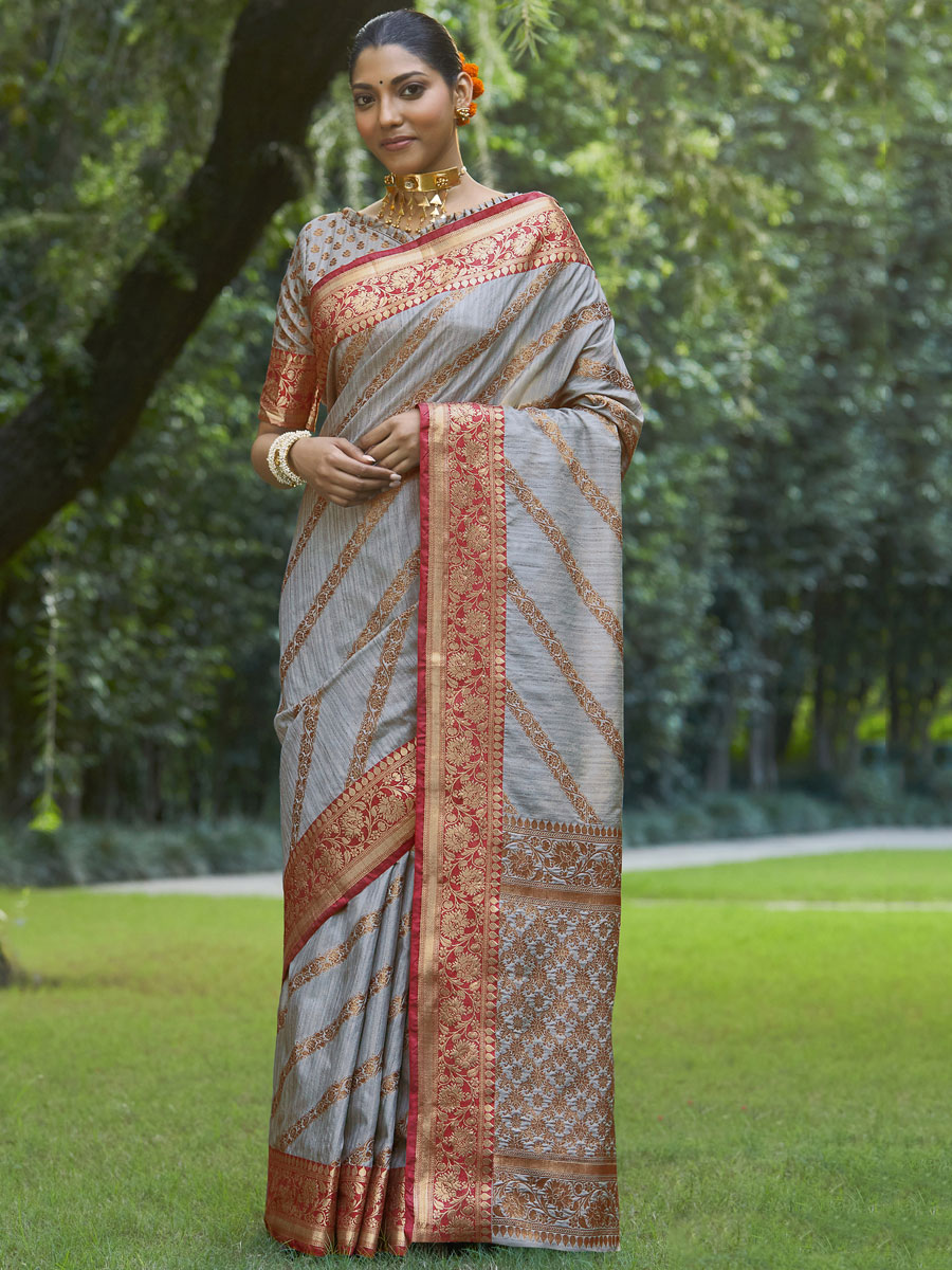 Silver Gray Silk Handwoven Festival Saree