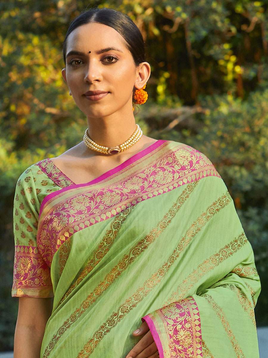 Yellow Green Silk Handwoven Festival Saree