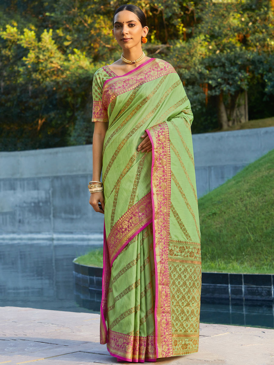 Yellow Green Silk Handwoven Festival Saree
