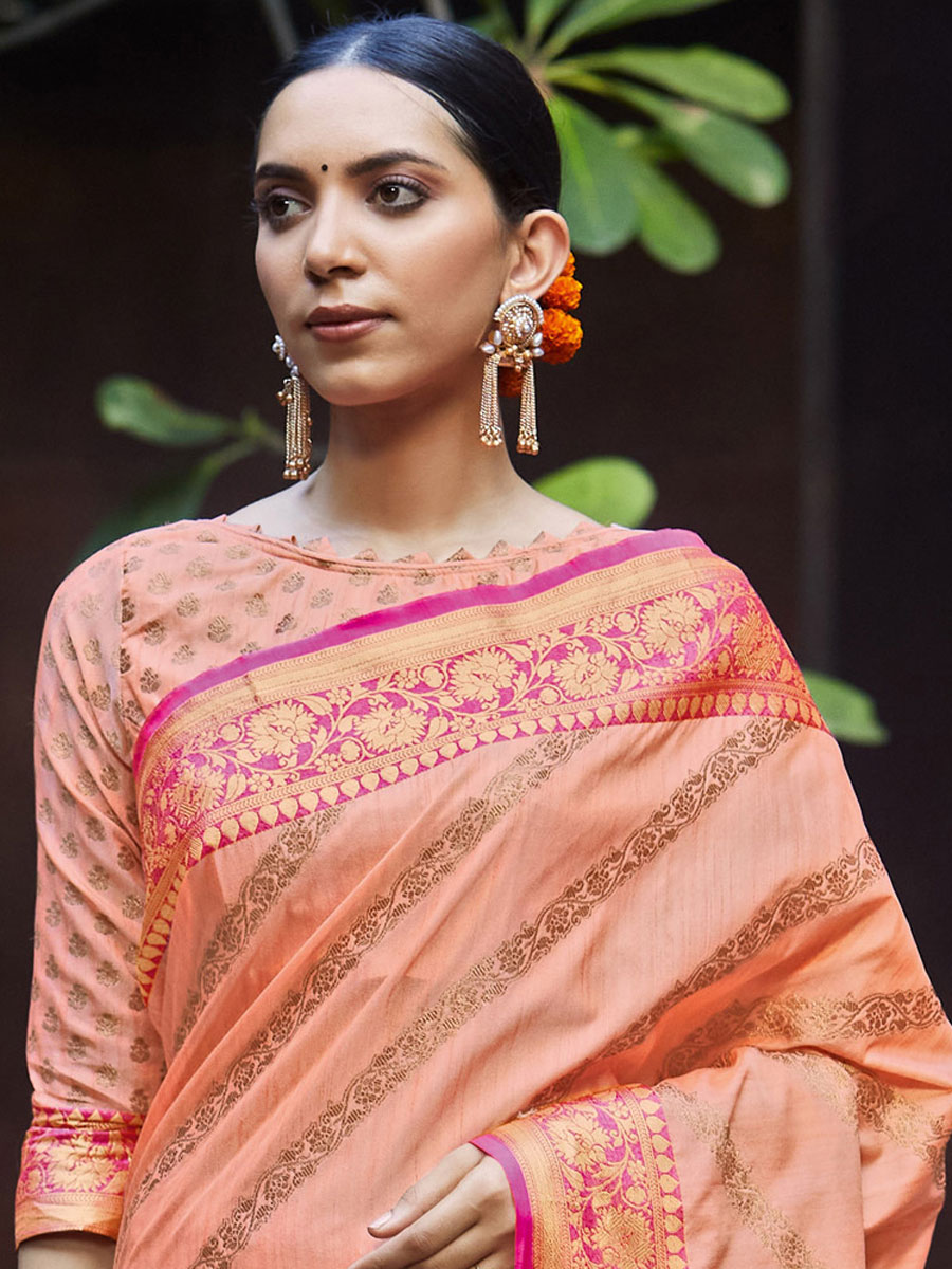 Dark salmon Orange Silk Handwoven Festival Saree