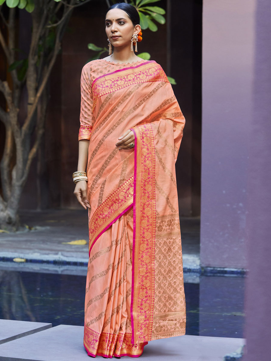 Dark salmon Orange Silk Handwoven Festival Saree