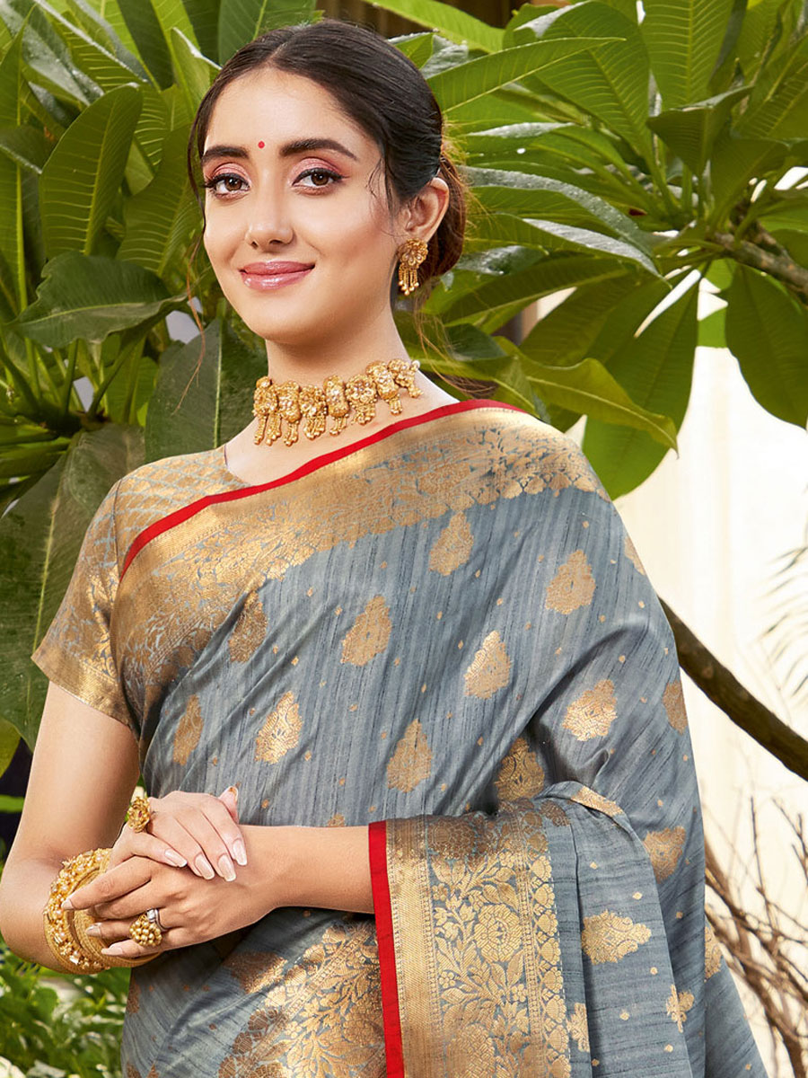 Slate Gray Silk Handwoven Festival Saree