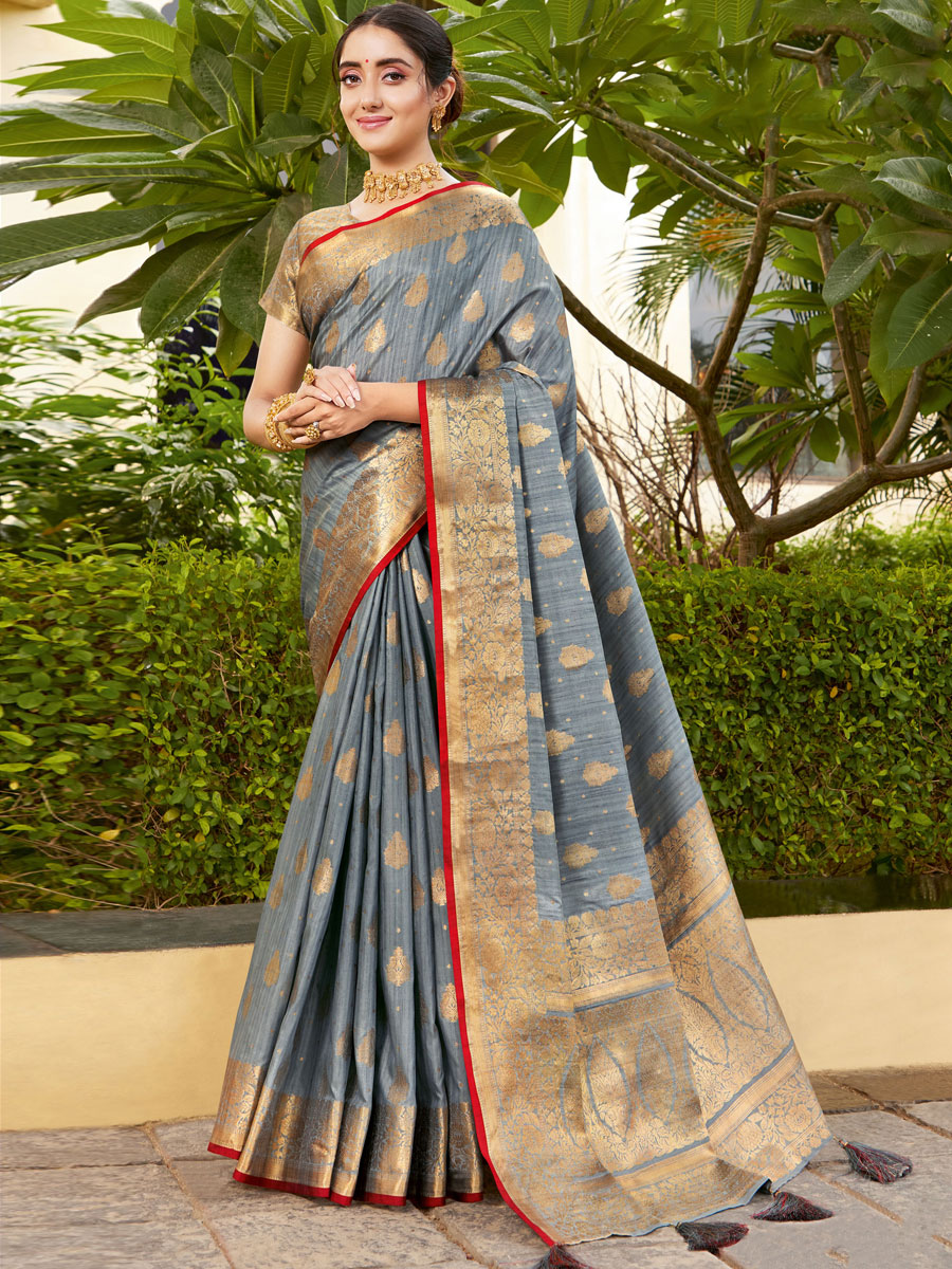 Slate Gray Silk Handwoven Festival Saree