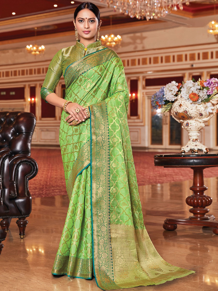 Lime Green Silk Handwoven Festival Saree