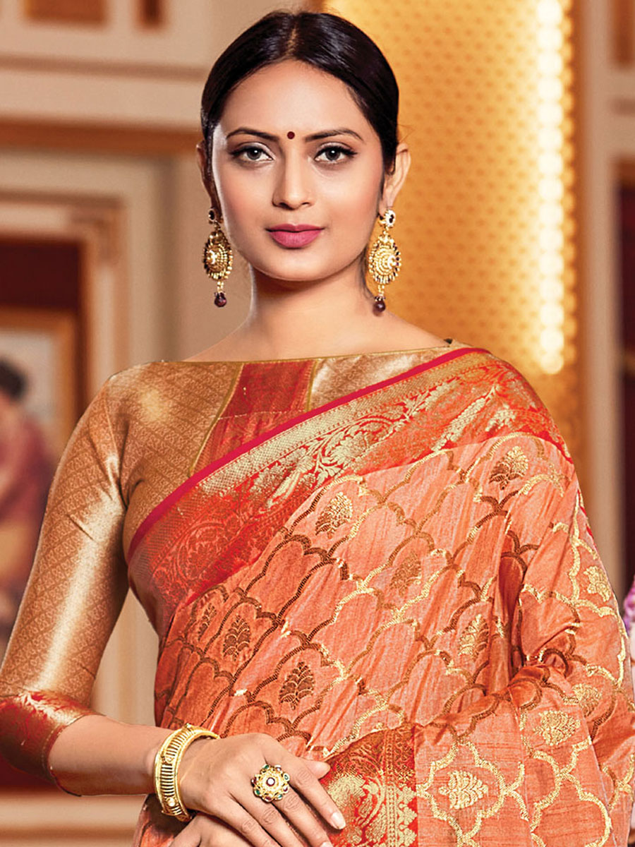Coral Orange Silk Handwoven Festival Saree