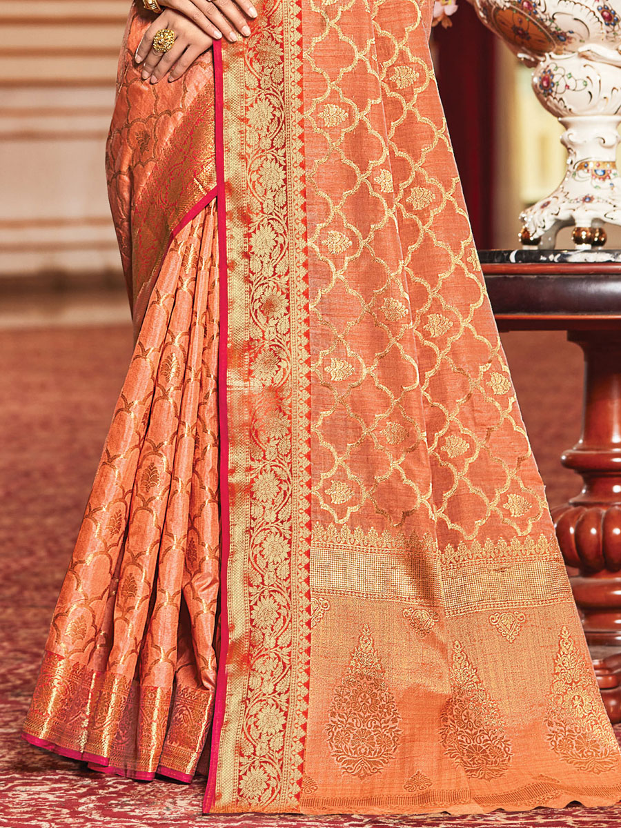 Coral Orange Silk Handwoven Festival Saree