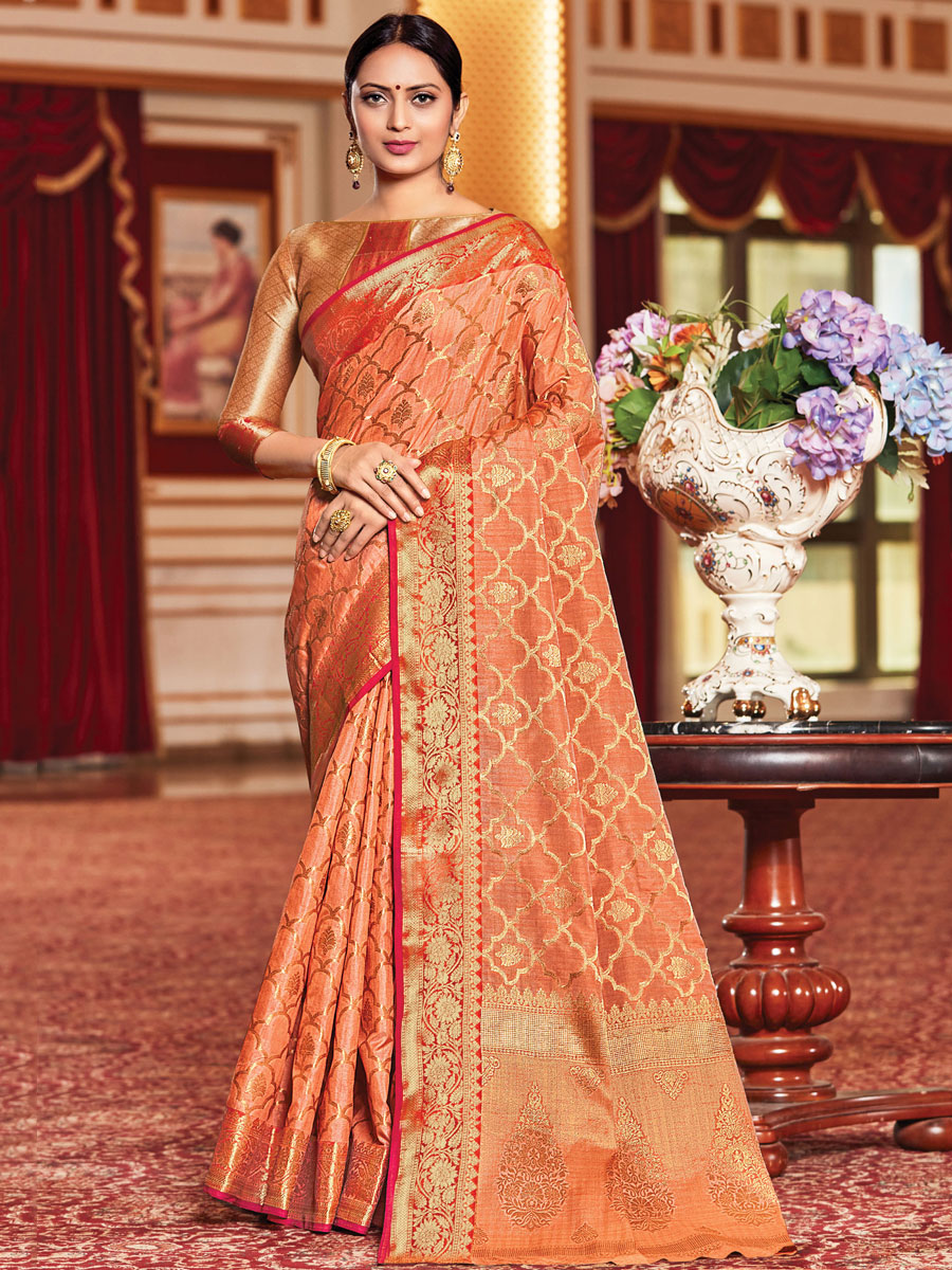 Coral Orange Silk Handwoven Festival Saree