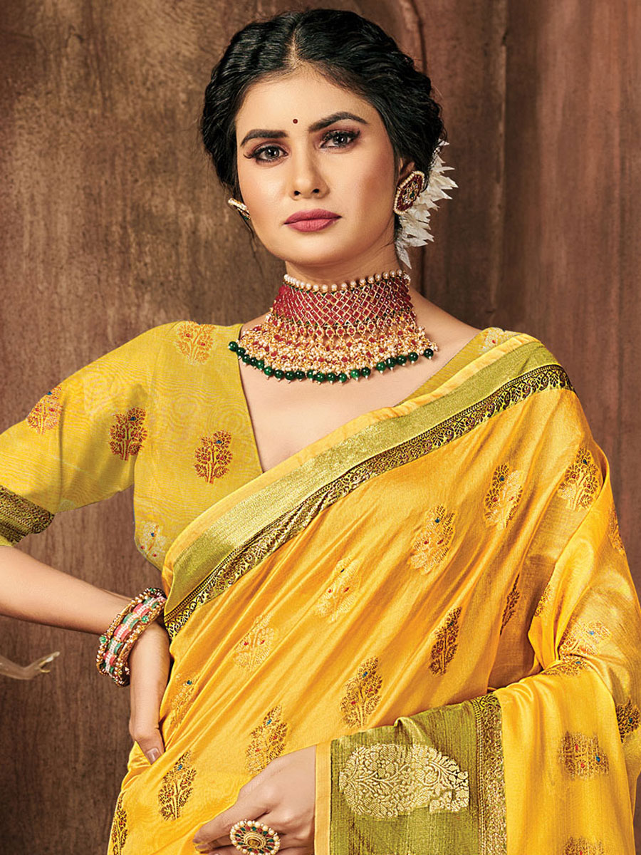 Saffron Yellow Organza Handwoven Festival Saree