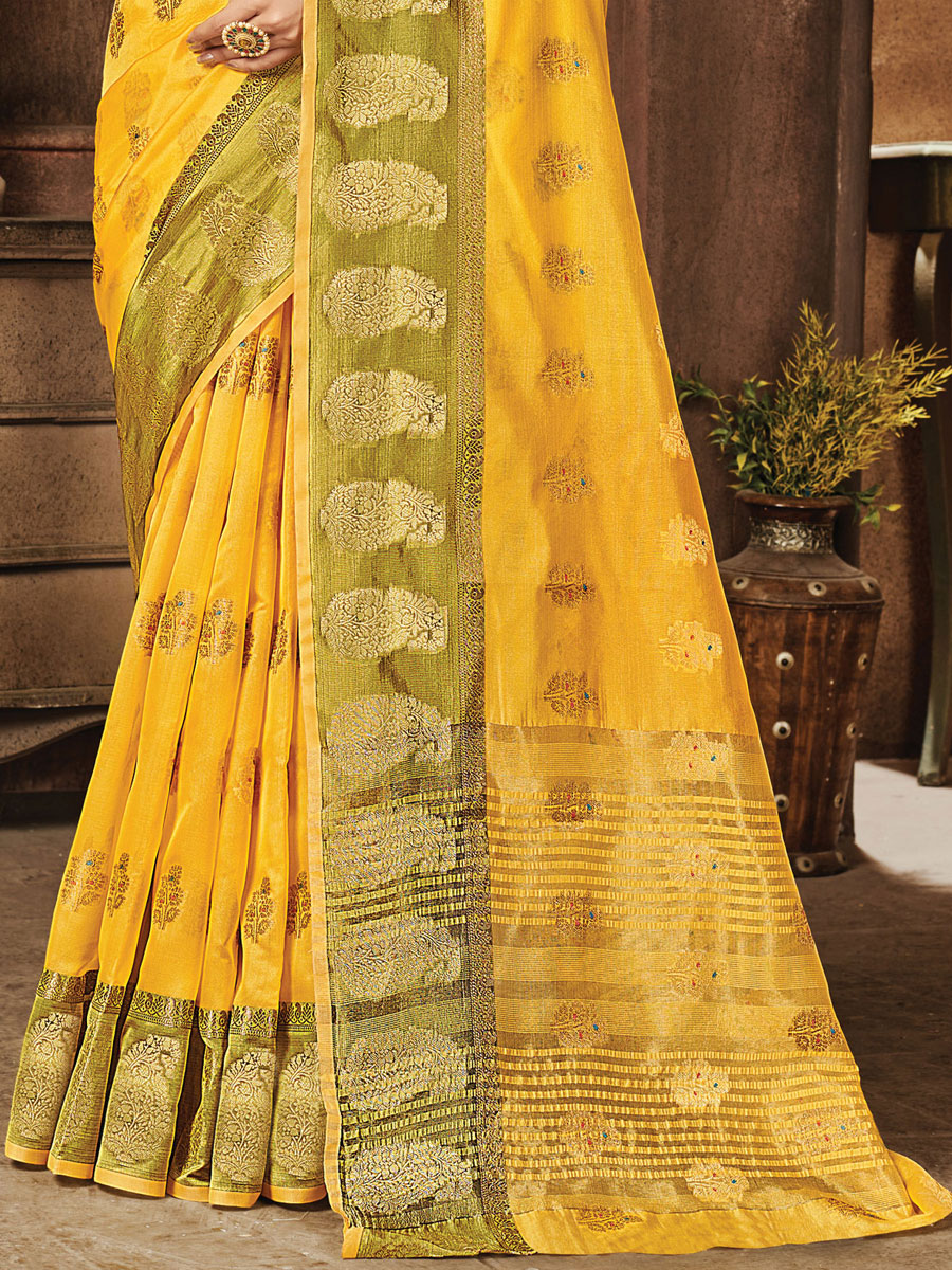 Saffron Yellow Organza Handwoven Festival Saree
