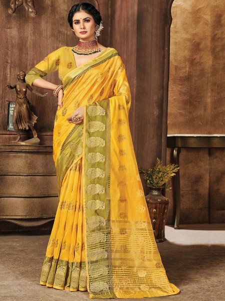 Saffron Yellow Organza Handwoven Festival Saree