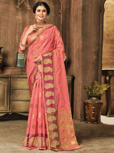 Coral Pink Organza Handwoven Festival Saree