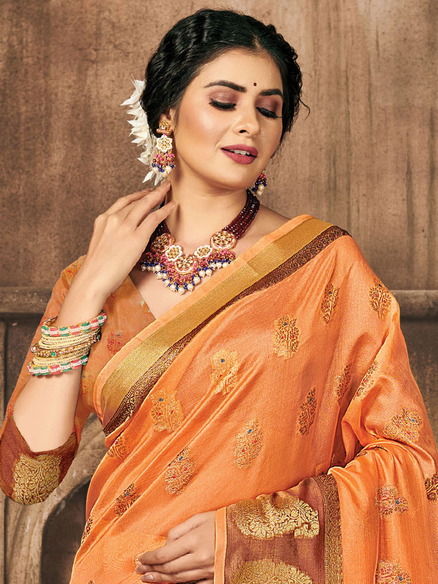Pink Orange Organza Handwoven Festival Saree