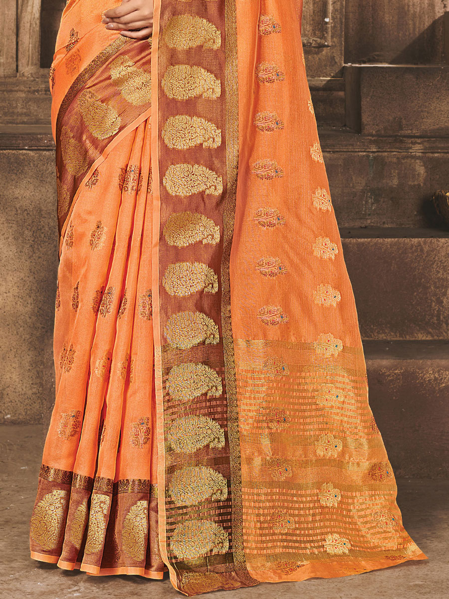 Pink Orange Organza Handwoven Festival Saree