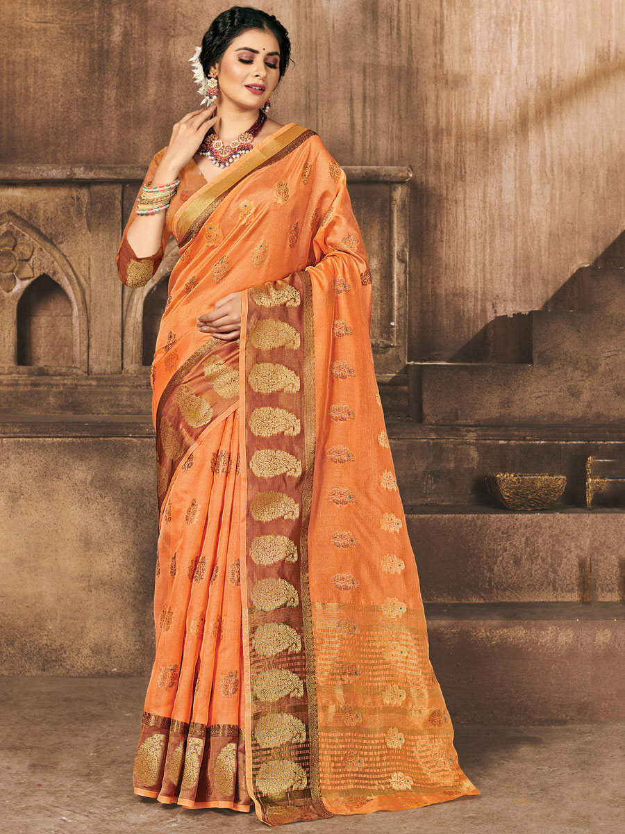 Pink Orange Organza Handwoven Festival Saree