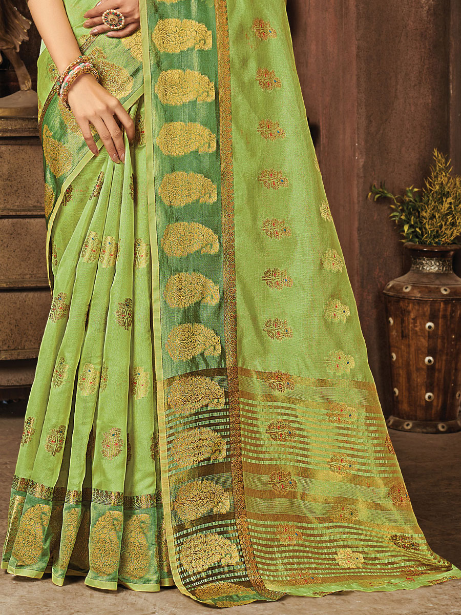 Olive Drab Green Organza Handwoven Festival Saree