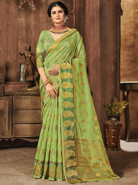 Olive Drab Green Organza Handwoven Festival Saree