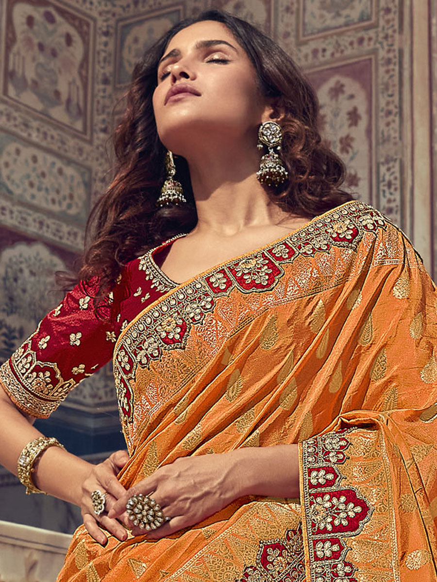 Gamboge Orange And Red Silk Party Embroidered Lehenga Choli