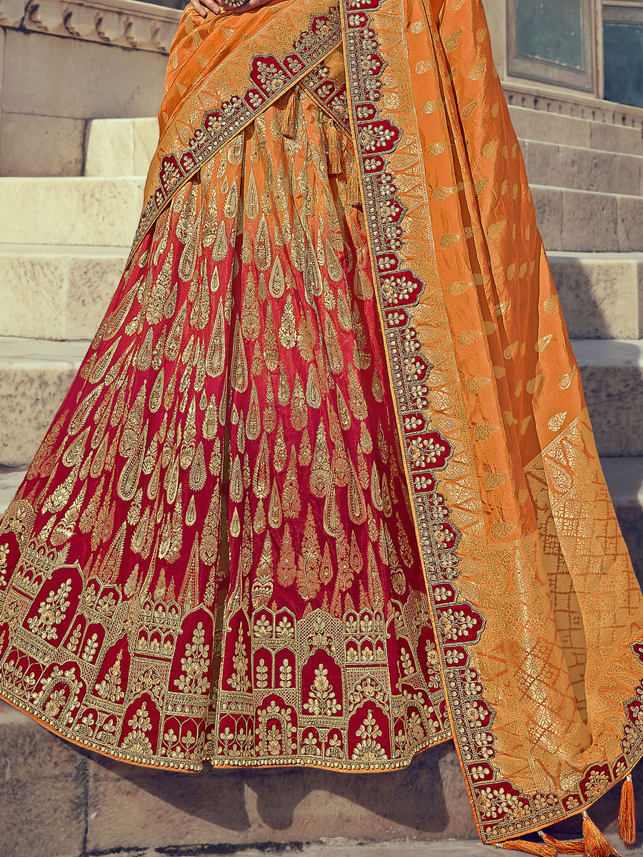 Gamboge Orange And Red Silk Party Embroidered Lehenga Choli