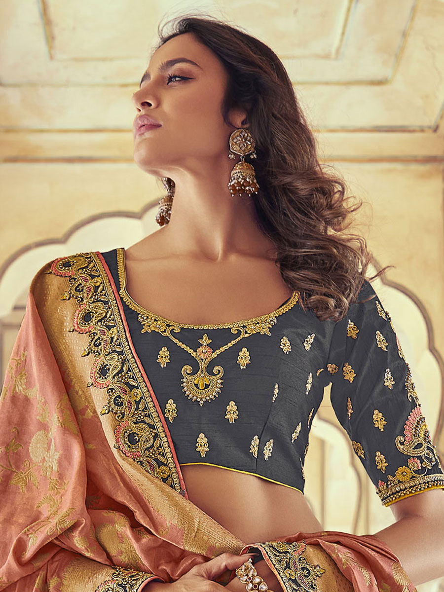 Grey Silk Party Embroidered Lehenga Choli