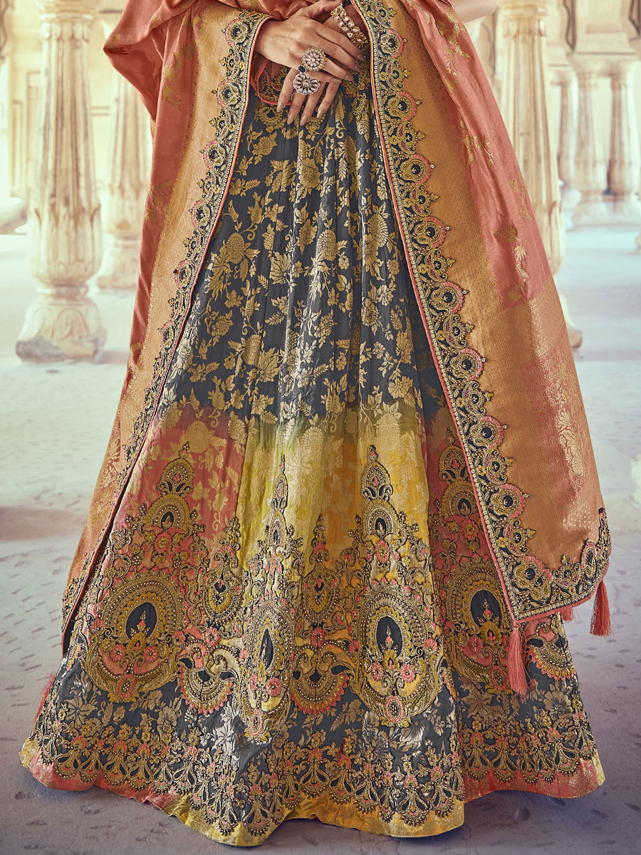 Grey Silk Party Embroidered Lehenga Choli
