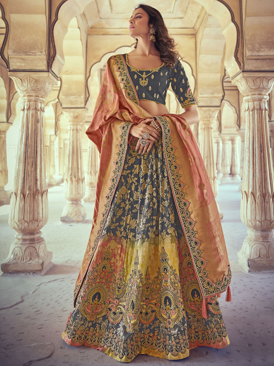 Grey Silk Party Embroidered Lehenga Choli