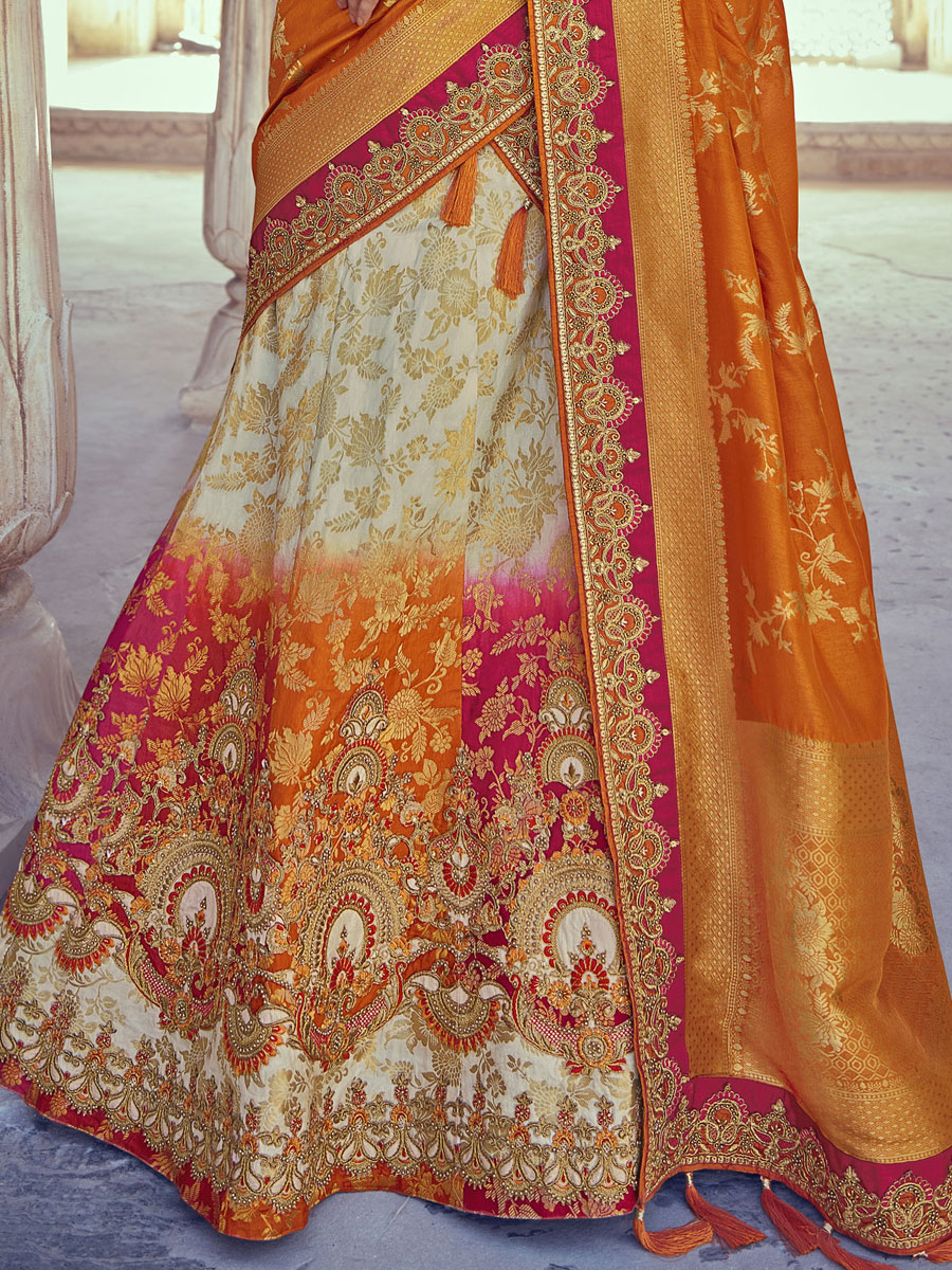 Cream Yellow And Pink Silk Party Embroidered Lehenga Choli