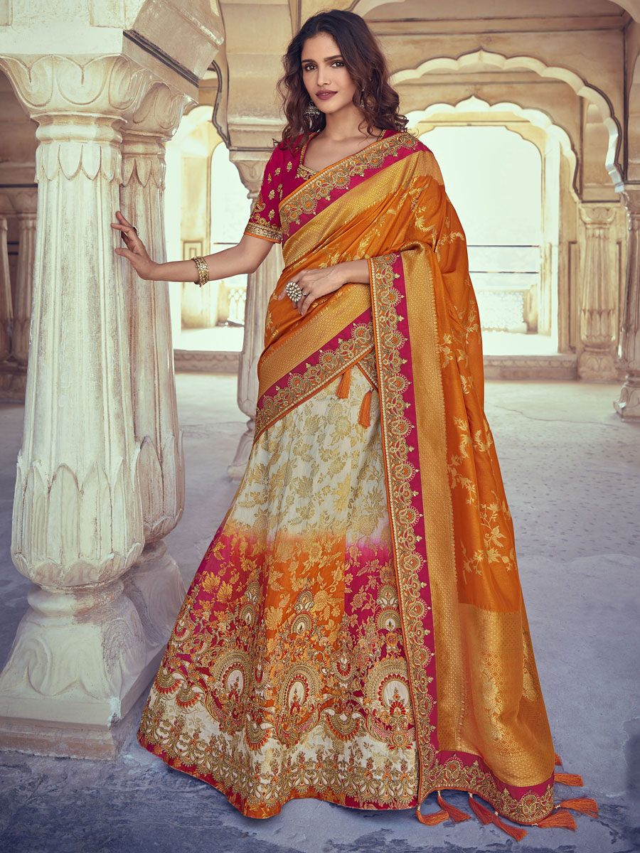 Cream Yellow And Pink Silk Party Embroidered Lehenga Choli