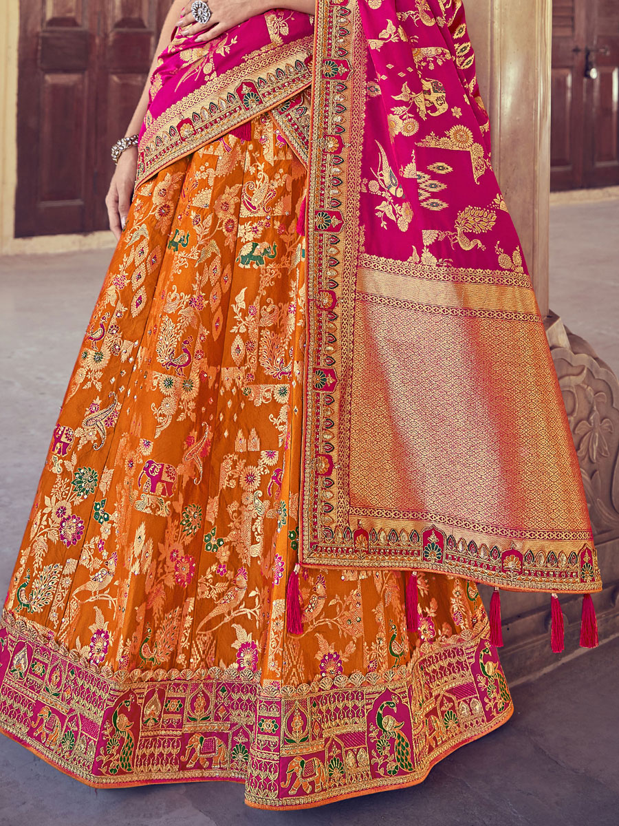 Coral Orange Silk Party Embroidered Lehenga Choli