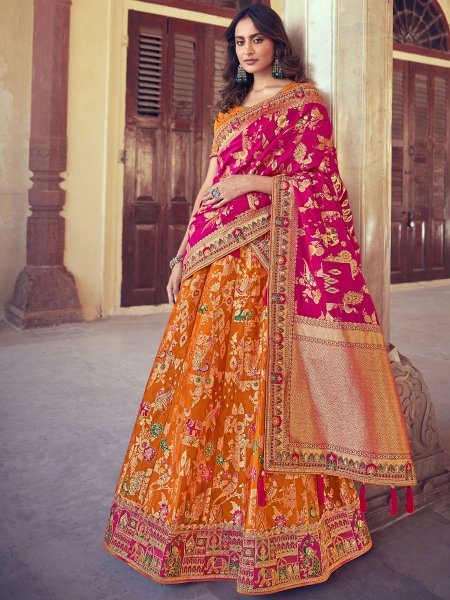 Coral Orange Silk Party Embroidered Lehenga Choli