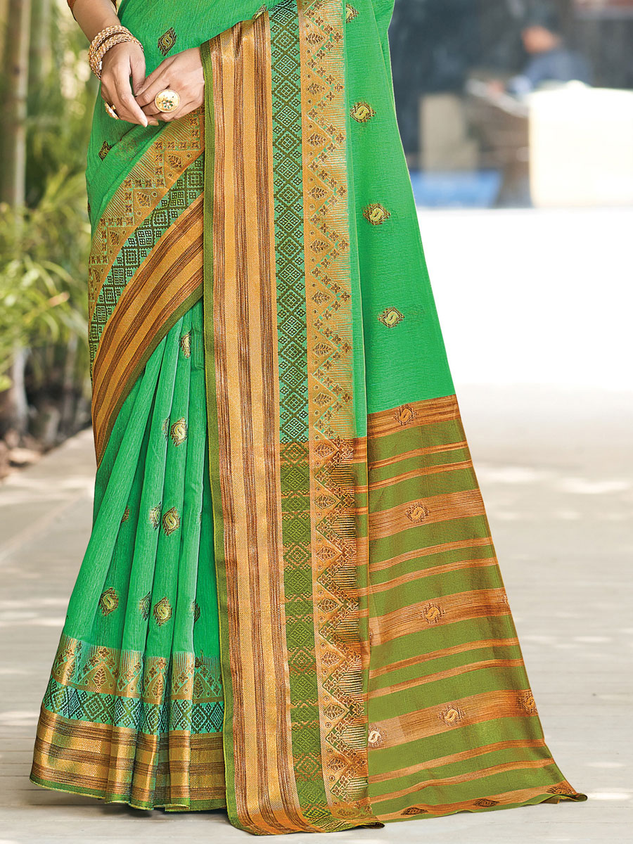 Lime Green Cotton Handwoven Festival Saree