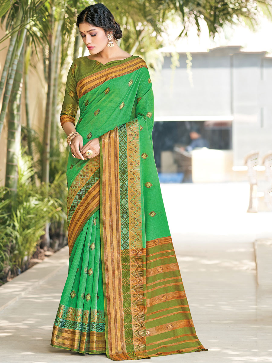 Lime Green Cotton Handwoven Festival Saree