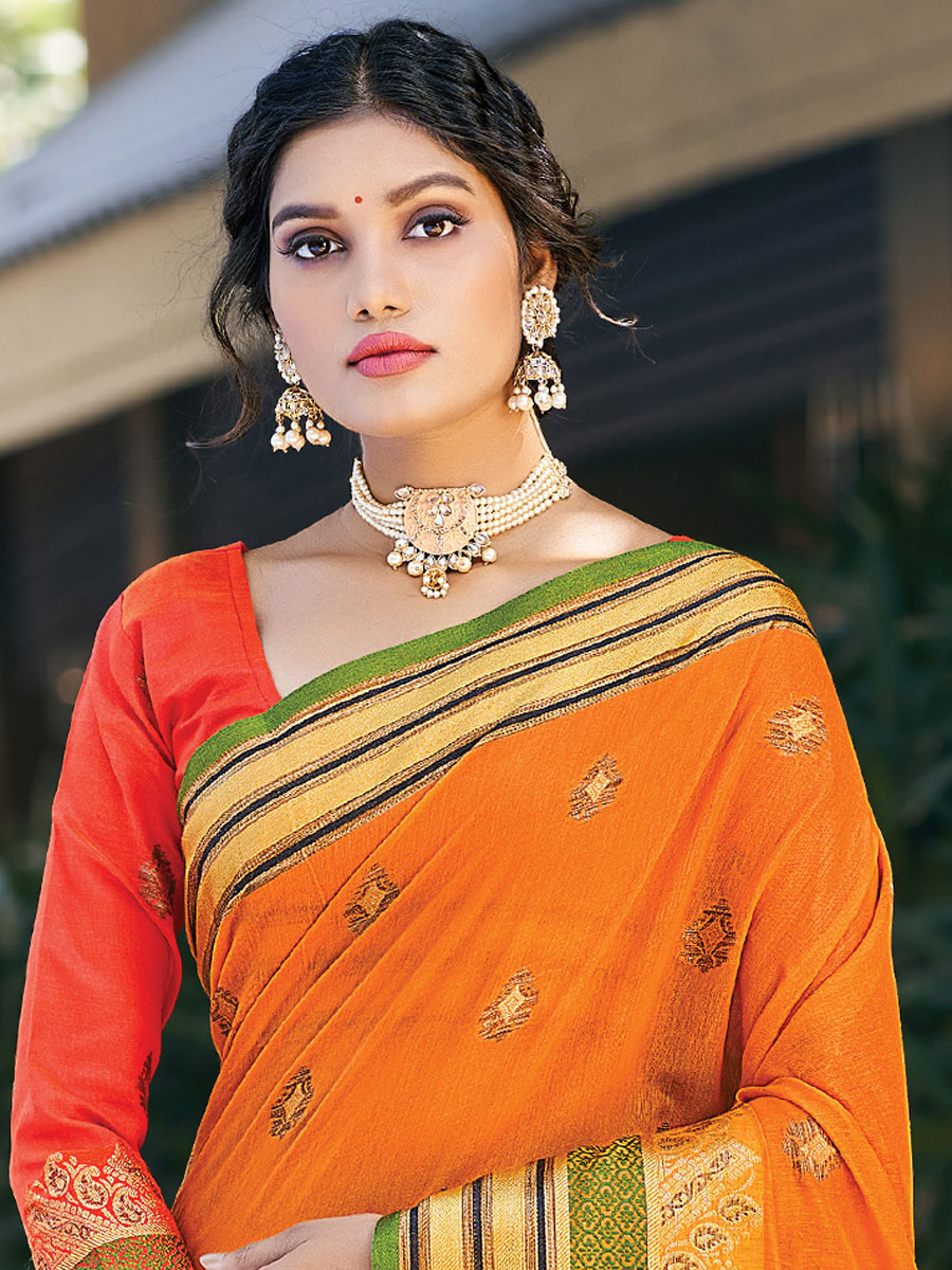 Orange Cotton Handwoven Festival Saree