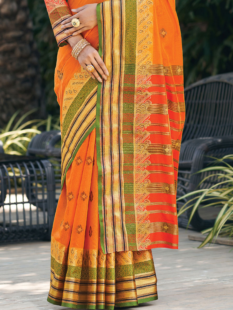 Orange Cotton Handwoven Festival Saree